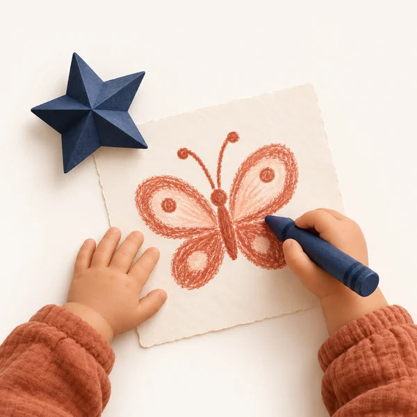 An imaginative drawing and folded-paper scene