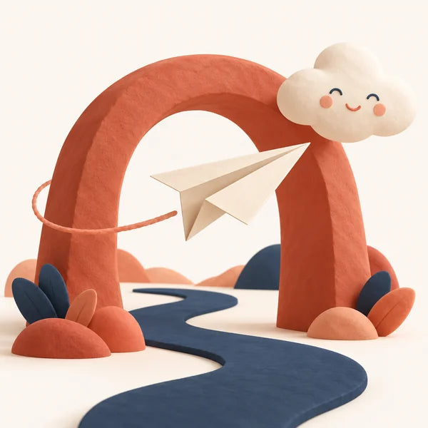 An illustrated paper airplane exploring a playful arch