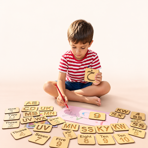 Wooden Stencil & Puzzle Set – Urdu, English & Maths, 3-in-1