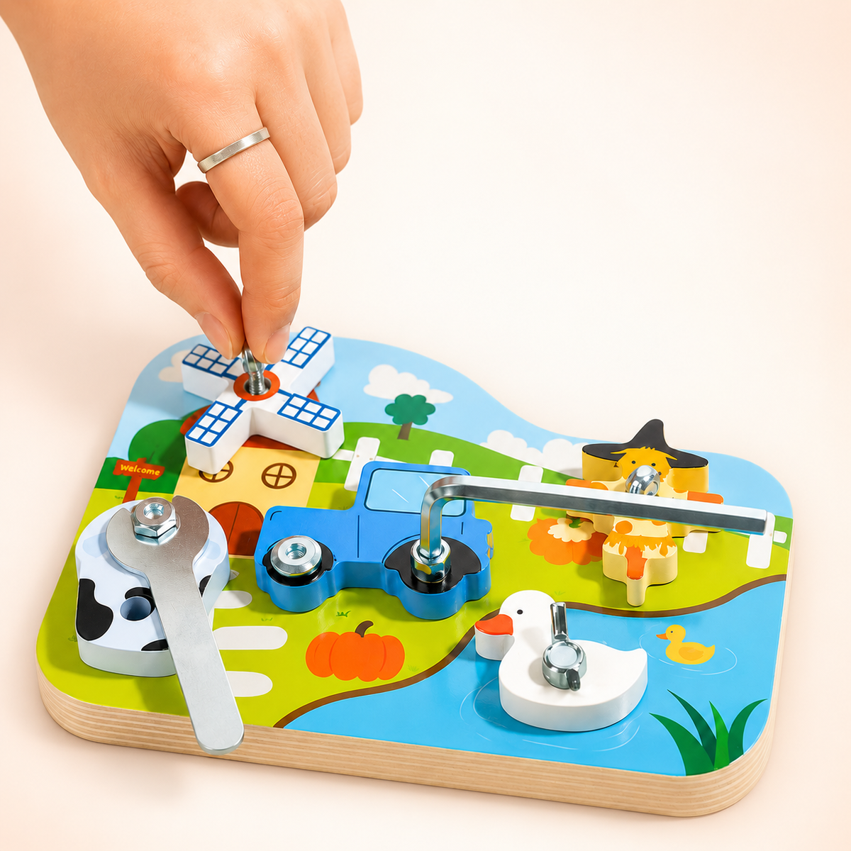 Farm-Themed Wooden Screw Activity Board