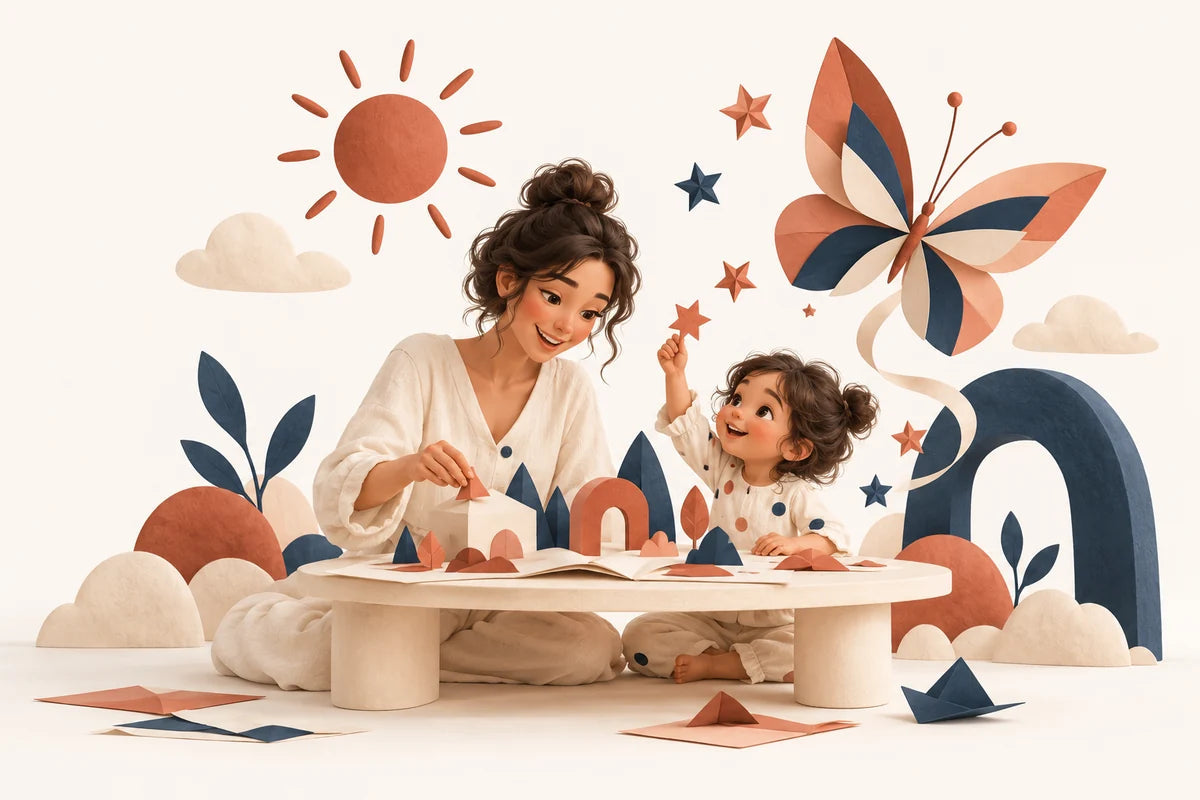 An illustrated parent and child making an imaginative paper world together